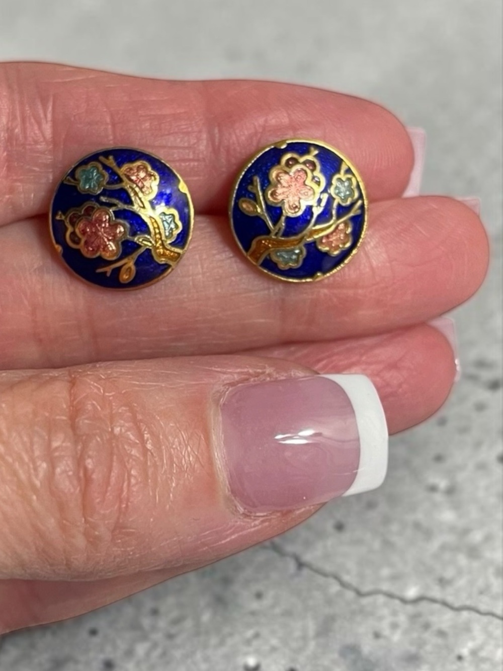 Vintage Blue Cloisonné Floral Gold Tone Stud Earrings